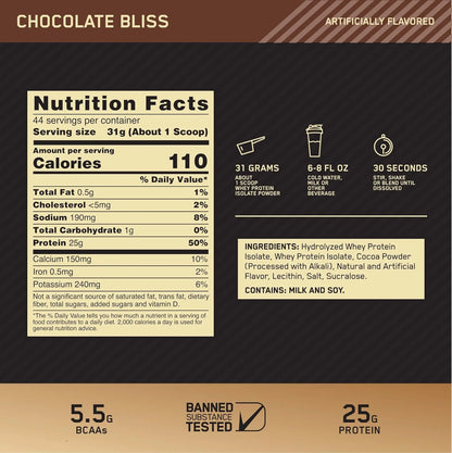 Optimum Nutrition Gold Standard 100% Isolate Whey Protein Powder – Chocolate Bliss, 3 lb (44 Servings)