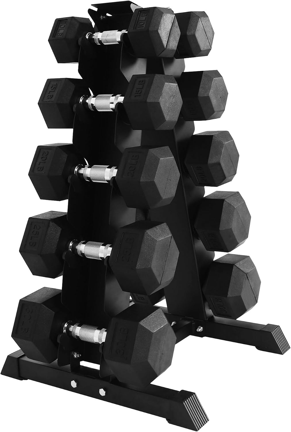 Rubber Coated Hex Dumbbell Set with A-Frame Rack – Cast Iron Home Gym Weights for Strength Training & Muscle Building