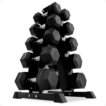 Rubber Coated Hex Dumbbell Set with A-Frame Rack – Cast Iron Home Gym Weights for Strength Training & Muscle Building