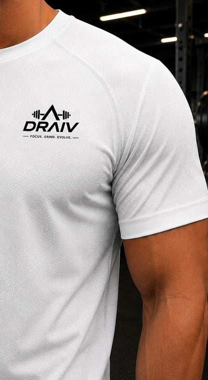 Draiv Evolve T-Shirt, casual black T-shirt with graphic print, made by DraivStore, displayed flat on a white background.