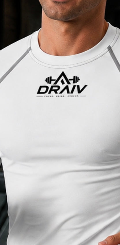 Hybrid Engineered Draiv T-Shirt, cut-sew style, in black with modern graphic design, displayed on a hanger.