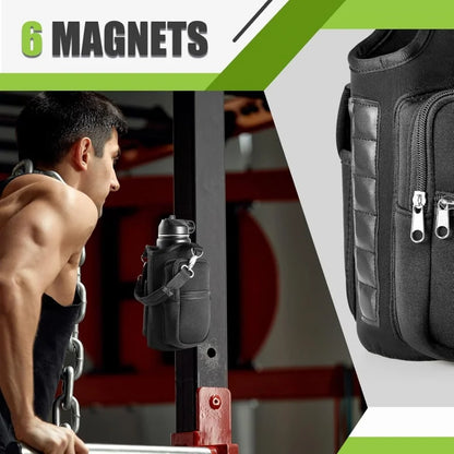 Magnetic Gym Water Bottle Holder Bag with Phone Pocket, Adjustable Shoulder Strap & 6 Strong Magnets